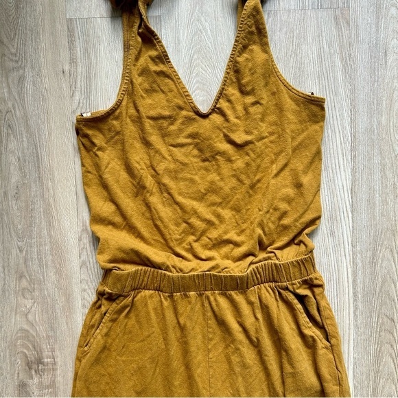 Pact Organic Mustard Yellow Tie Sleeve Jumpsuit - Sustainable V-Neck One Piece - Picture 4 of 8